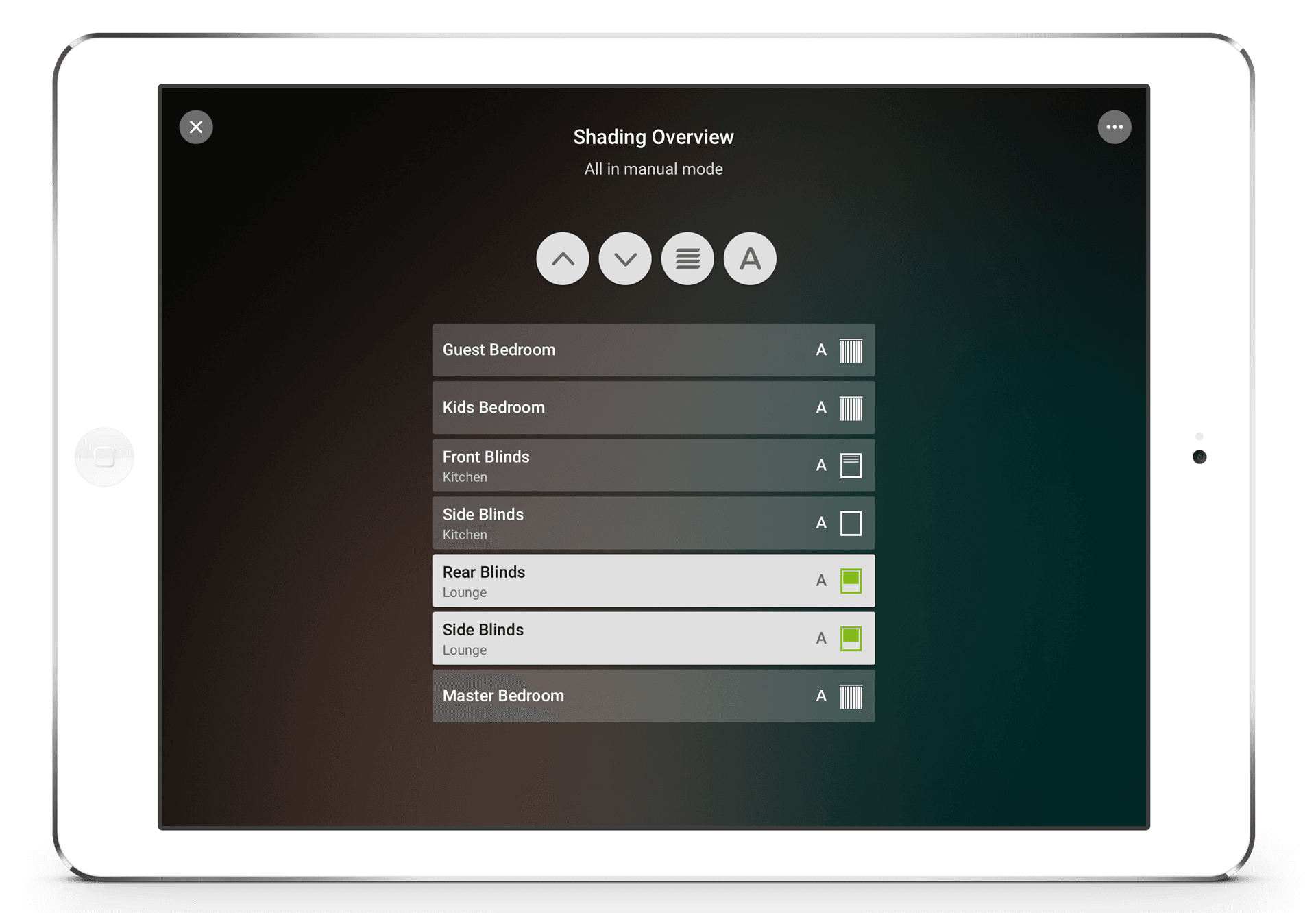 Shading control shown across zones in the Loxone app